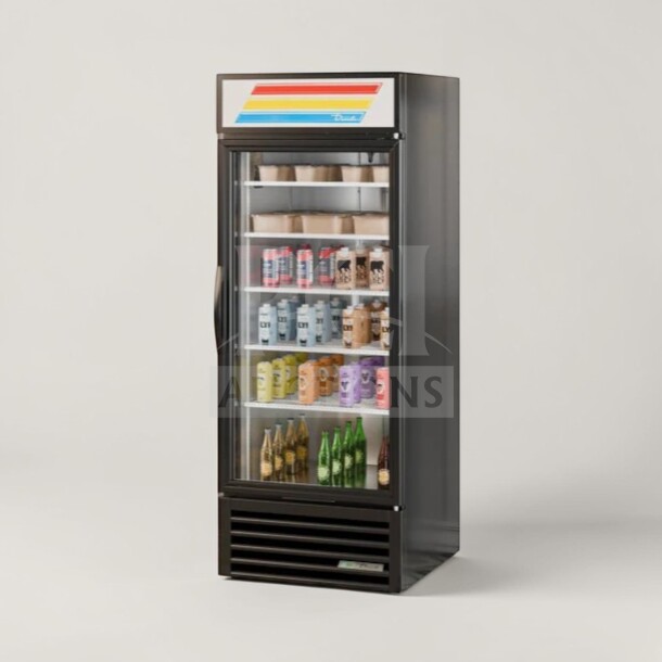 True GDM-26-HC-TSL01 commercial glass door refrigerator, premium condition, 115V, fully tested, UL listed, stocked shelves.