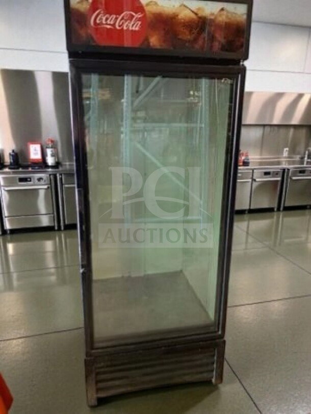 True GDM-26-HC-TSL01 commercial glass door refrigerator, premium condition, 115V, UL Listed, fully tested, Coca-Cola branding.