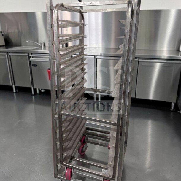 Commercial stainless steel bun pan rack, mobile, heavy-duty, superior condition, tested operational, model RACK-S-BUN-0834.