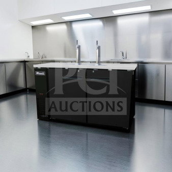 Migali C-DD60-2-HC kegerator, dual tap, 60-inch, top-tier condition, 2 keg capacity, black exterior, fully tested.