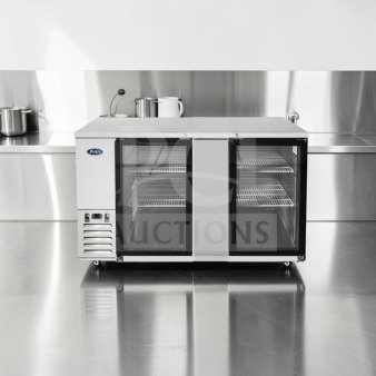 Atosa MBB69GGR 68" back bar refrigerator, stainless steel, double glass doors, fully tested, excellent condition.