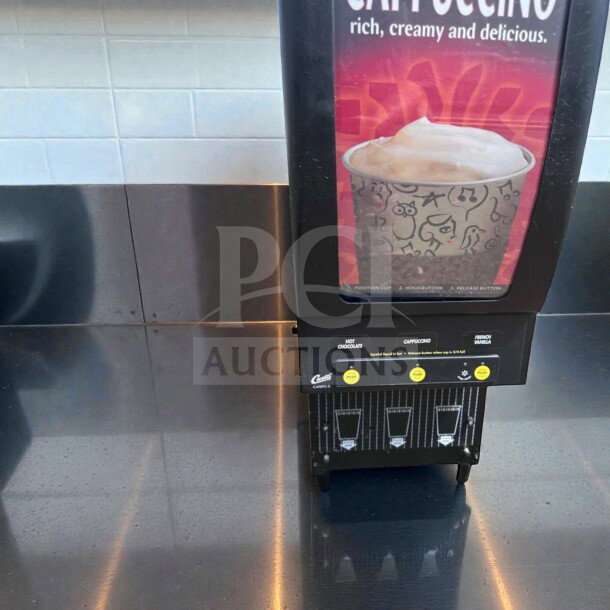 Curtis CAFEPC3CS10000 cappuccino dispenser, 3-station, tested, operational, excellent condition, visible control panel.