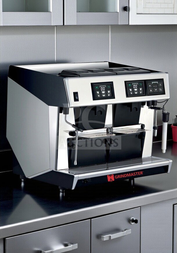 Grindmaster 1011-008 Pony Series espresso machine, 2 group, prime condition, ETL listed, fully operational, sleek design.