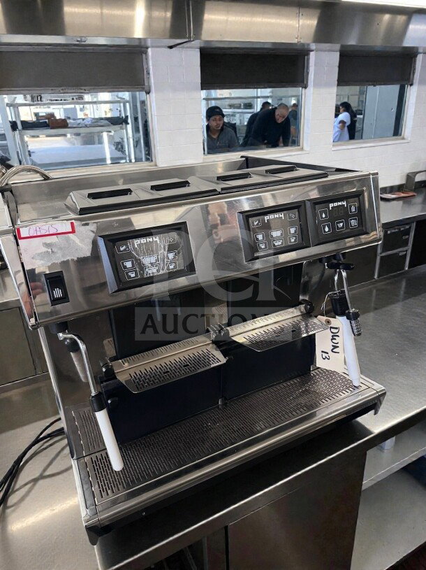 Grindmaster 1011-008 Pony Series espresso machine, 2 group, stainless steel, tested, operational, ETL listed, 230V.