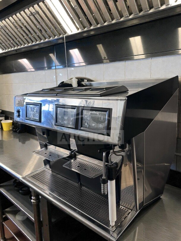 Grindmaster 1011-008 Pony Series, two-group automatic espresso machine, stainless steel, 230V, excellent condition.