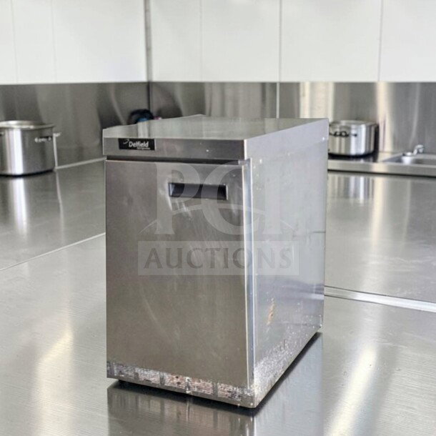 Delfield 4427 commercial undercounter refrigerator, 27” stainless steel, one door, prime condition, fully tested, operational.