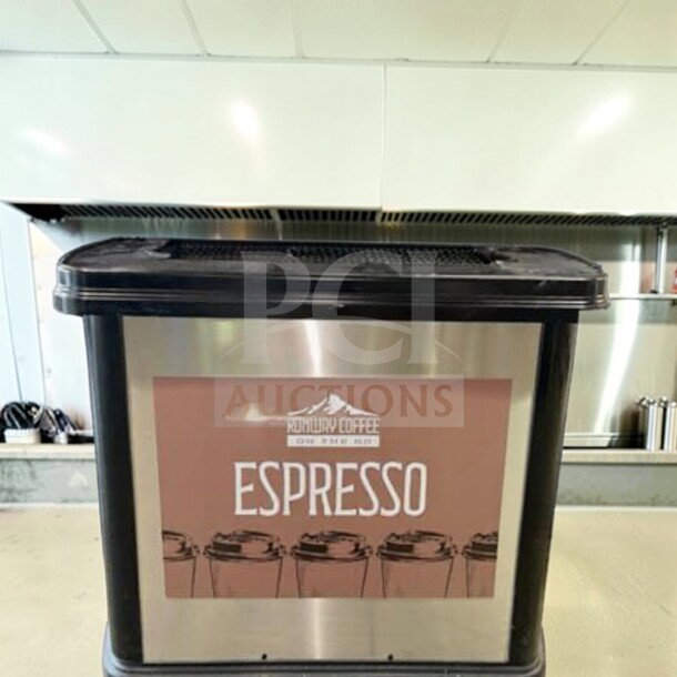 Mobile espresso service cart with stainless steel panels, labeled "Espresso," features "On The Run Coffee" branding. Fully tested.