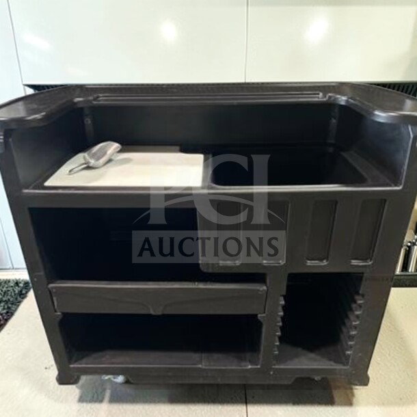 Commercial espresso service cart, 55", stainless steel, custom-built. Features storage compartments; top-tier condition.