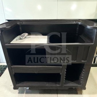 Commercial espresso service cart, 55", stainless steel, custom-built. Features storage compartments; top-tier condition.