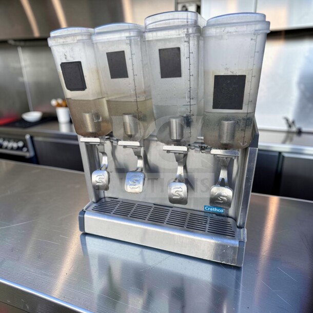 Crathco CS-4E-16-290 refrigerated drink dispenser, 4-bowl pre-mix system, stainless steel, superior condition, 120V, tested.