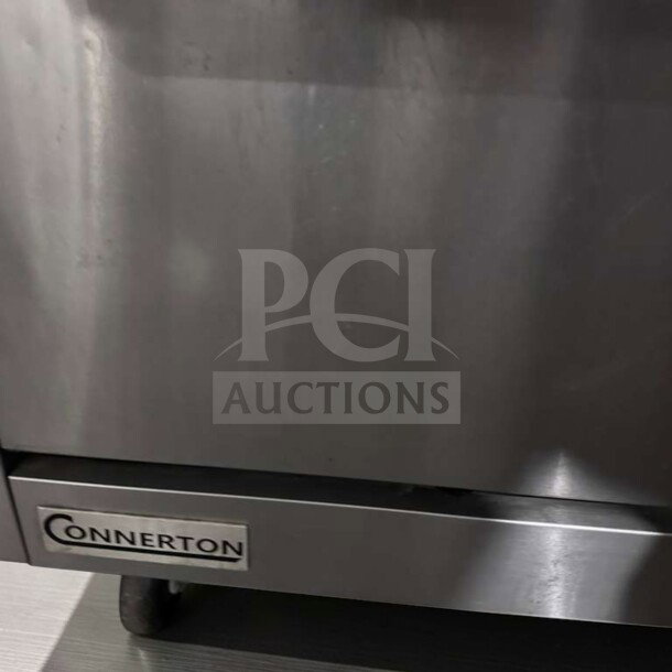 Connerton CN36-6_LP commercial gas range in stainless steel, 36" wide with 6 burners, oven base, and model label visible.