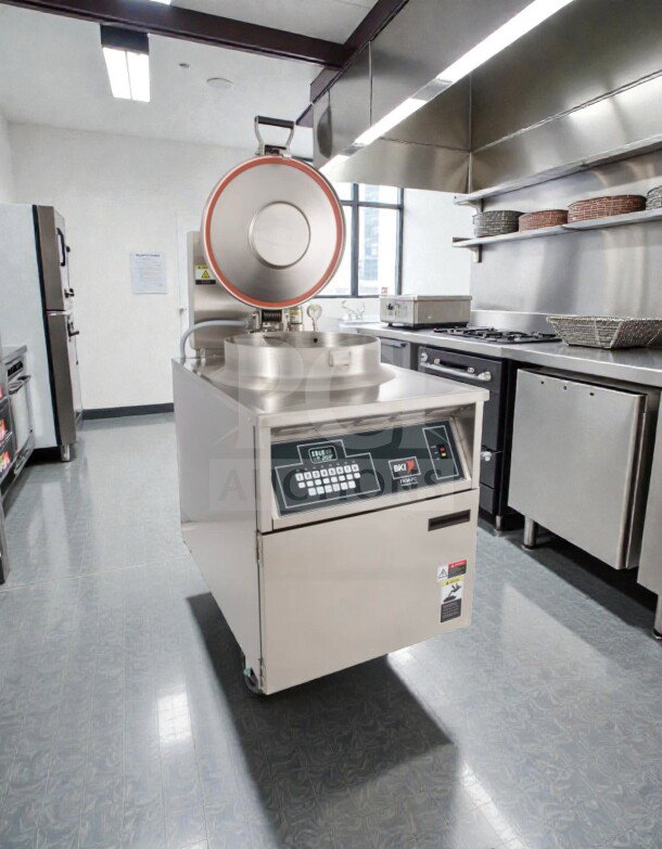 BKI FKM-F commercial electric pressure chicken fryer, 75 lb capacity, 208V/3 phase, excellent condition, fully tested.
