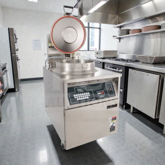 BKI FKM-F commercial electric pressure chicken fryer, 75 lb capacity, 208V/3 phase, excellent condition, fully tested.