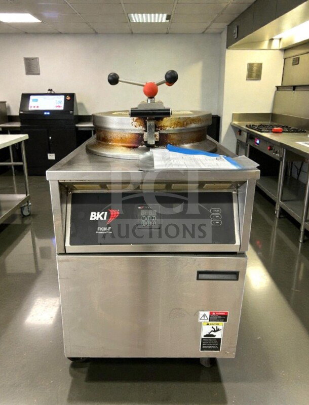 BKI FKM-F 75 lb commercial electric pressure fryer, 208V, 3 phase, fully tested, top-tier condition.