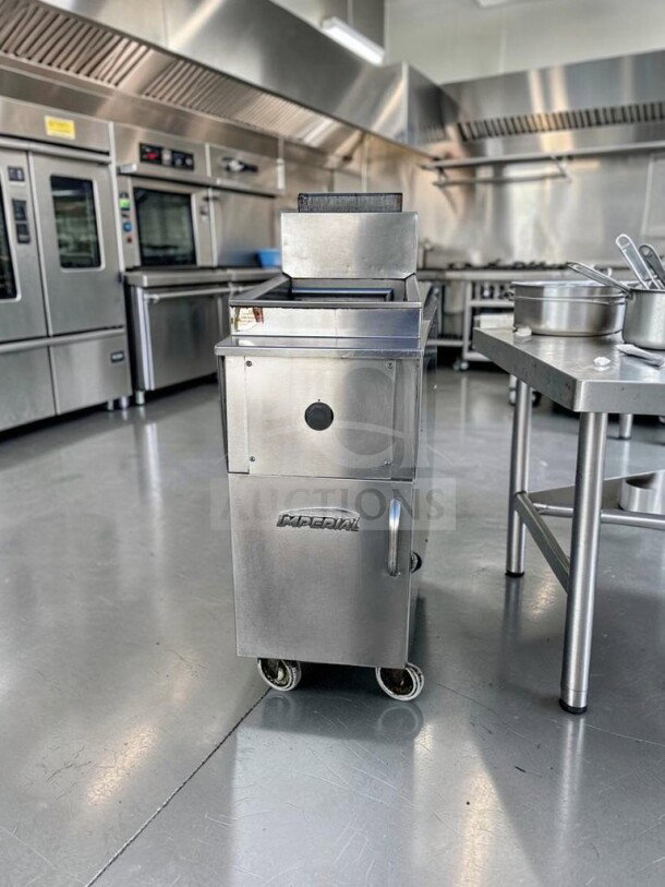Imperial IPC-14NG gas pasta cooker, 12-gallon, 105,000 BTU, stainless steel, pristine condition, commercial kitchen setting.