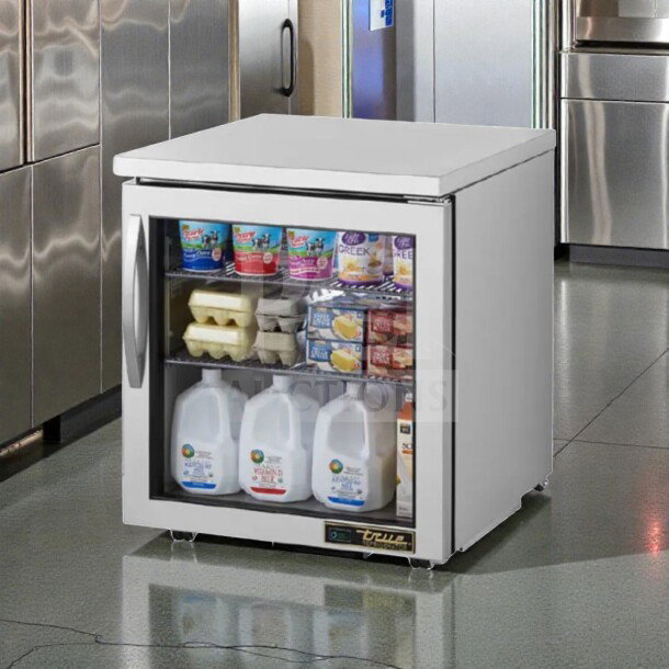 True TUC-27G-LP-HC~FGD01 low profile undercounter refrigerator with glass door display, stainless steel, excellent condition.