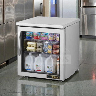True TUC-27G-LP-HC~FGD01 low profile undercounter refrigerator with glass door display, stainless steel, excellent condition.