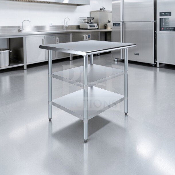 34" x 34" stainless steel commercial work table, double shelf, heavy-duty, excellent condition, fully tested, generic brand.