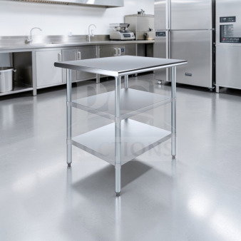 34" x 34" stainless steel commercial work table, double shelf, heavy-duty, excellent condition, fully tested, generic brand.