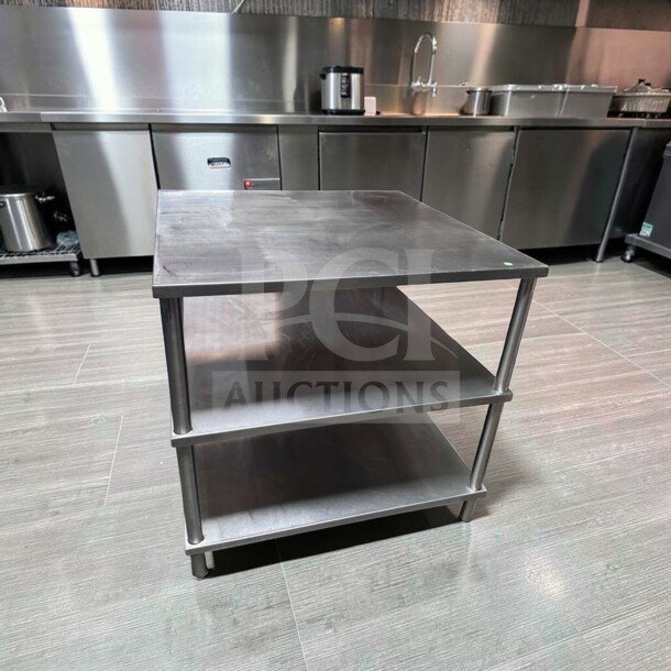 34" x 34" stainless steel work table, superior condition, double shelf, ideal for commercial kitchens, fully tested, item SST-S-WT-0823.