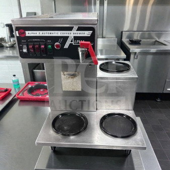 Like-new Wilbur Curtis Alpha 3 automatic commercial coffee brewer, 120V, UL & NSF listed, fully tested, stainless steel, model CUR-M-BRW-0346.