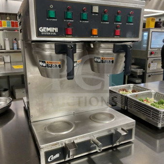 Wilbur Curtis GEM312IL commercial coffee brewer, high-grade condition, 120V, dual steel dispensers, fully tested, warning labels.