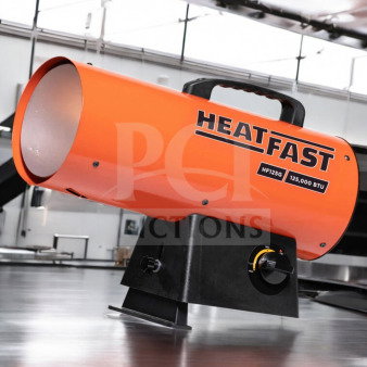 Brand new HeatFast HF125G propane heater, 125,000 BTU, portable, factory-sealed, with visible control dial and carry handle.