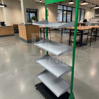 Commercial 4-tier gondola display shelf, heavy-duty, green and silver, fully inspected, prime condition, RET-S-SHLF-0584.