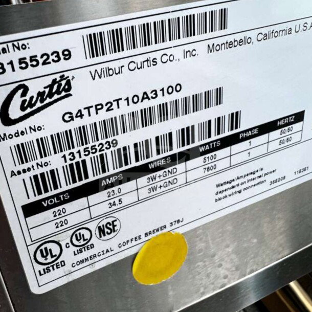 Wilbur Curtis G4TP2T10A3100 coffee brewer, stainless steel, 220V, UL listed, fully tested, outstanding condition label shown.