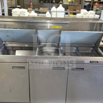 Prime condition stainless steel refrigerated sandwich prep table with three doors, Commercial Foodservice Equipment, model PREP-L-TBL-0996, fully tested, operational.
