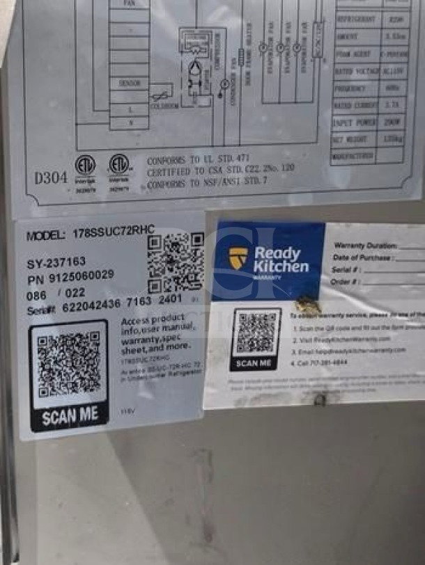 Avantco SS-UC-72R-HC undercounter refrigerator, ETL listed, warranty stickers, QR codes for user manual, fully operational.