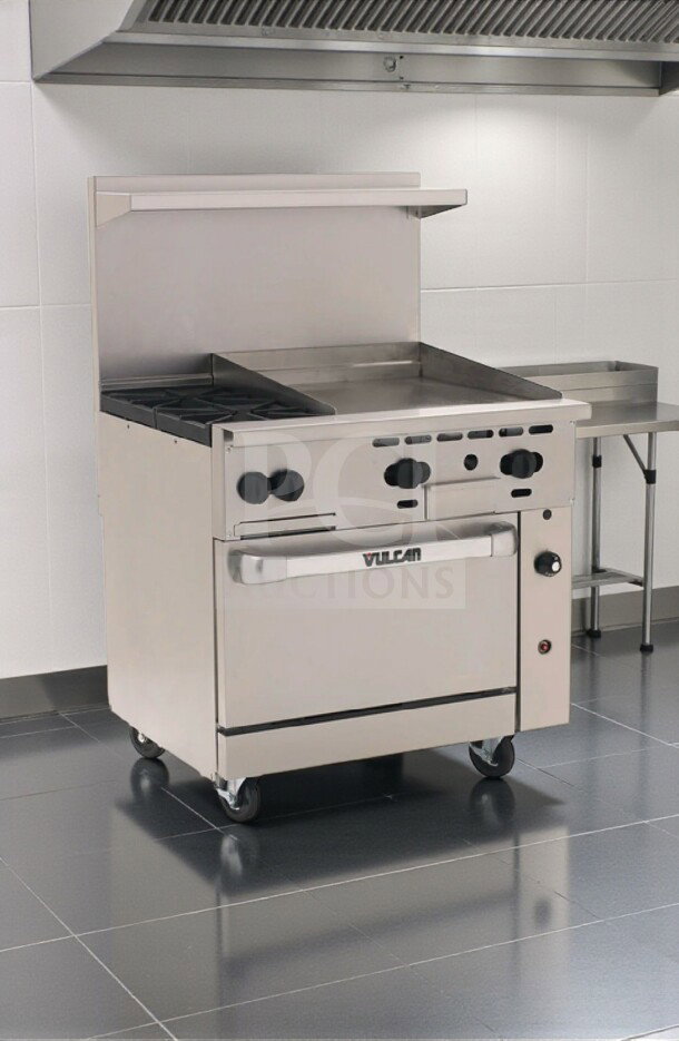 Vulcan 36C-2B24GTN 36" natural gas range, 2 burners, 24" thermostatic griddle, convection oven base, fully tested, 135,000 BTU.