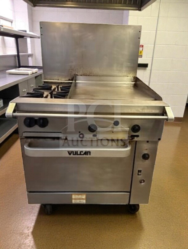 Vulcan 36C-2B24GTN natural gas range, 36", 2 burners, 24" griddle, convection oven base, fully tested, 135,000 BTU.