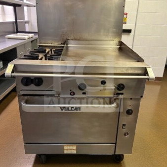 Vulcan 36C-2B24GTN natural gas range, 36", 2 burners, 24" griddle, convection oven base, fully tested, 135,000 BTU.