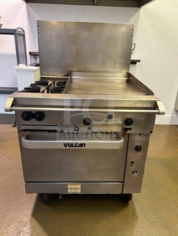 Vulcan 36C-2B24GTN gas range, 36", 2 burners, 24" thermostatic griddle, convection oven, tested, 135,000 BTU, stainless steel.
