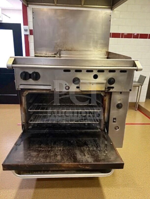 Vulcan 36C-2B24GTN 36" gas range, 2 burners, 24" thermostatic griddle, convection oven, 135,000 BTU, tested, operational.