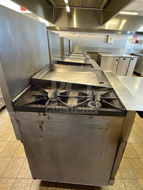 Vulcan 36C-2B24GTN natural gas range, 2 burners, 24" thermostatic griddle, convection oven base, 135,000 BTU, tested.