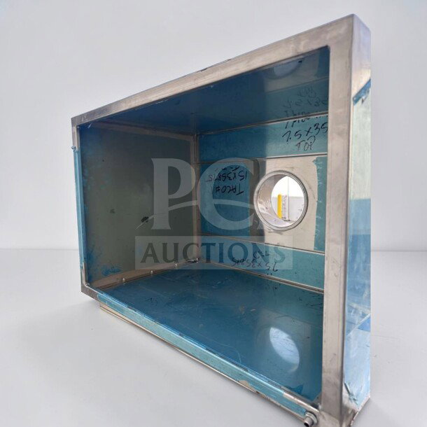 Commercial stainless steel vent hood in exceptional condition, model VENT-M-HOOD-0769, NSF/ETL certified, with heavy-duty construction, labeled with dimensions and fittings.