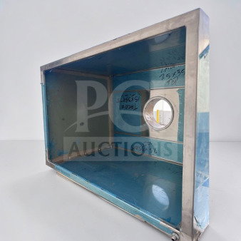 Commercial stainless steel vent hood in exceptional condition, model VENT-M-HOOD-0769, NSF/ETL certified, with heavy-duty construction, labeled with dimensions and fittings.