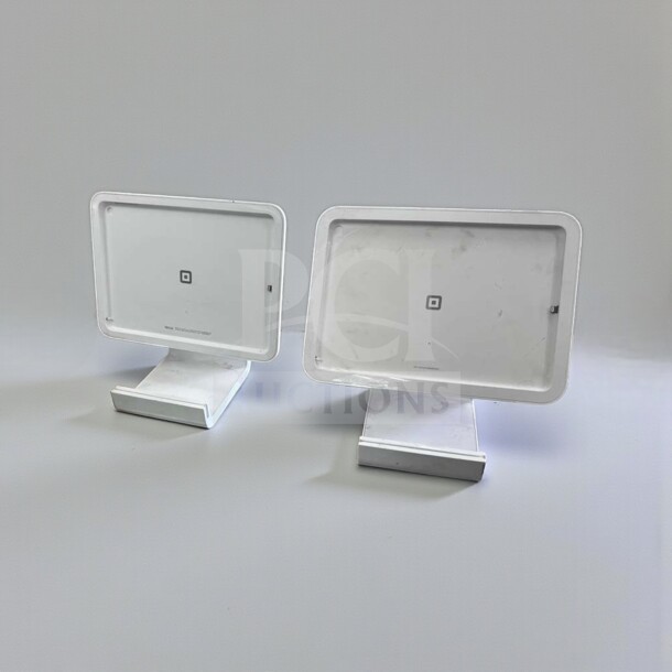 Square S089 POS system lot with dual tablet stands and cables, white, prime condition, fully tested, Square logo visible.