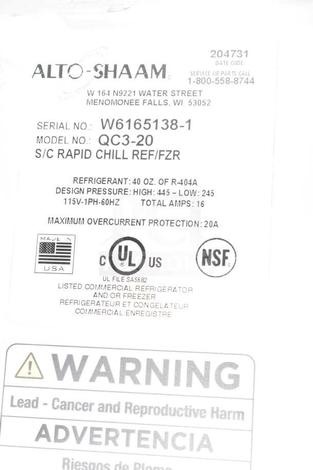 Label for Alto Shaam QC3-20 Quickchiller. Model W6165138-1, 115V, 16 Amps, UL, NSF certified. Contains R-404A refrigerant.