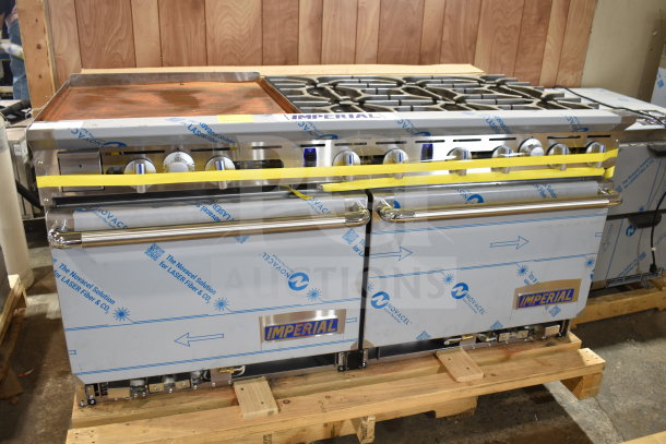 Brand new Imperial Range Pro IR-6-G24-CC, 6 burners, 24" griddle, 2 convection ovens, 292,000 BTU, scratch and dent condition.