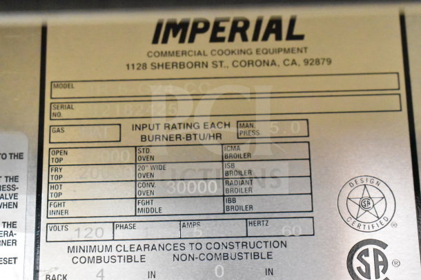 Alt text: "Imperial Range IR-6-G24-CC label showing model, serial number, and input rating details for 2021 range."