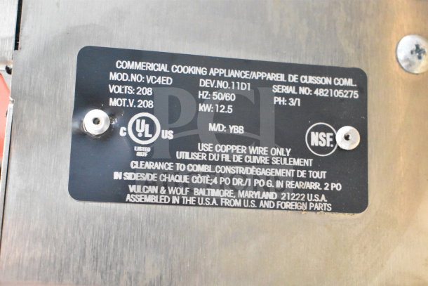 Label on Vulcan VC4ED Commercial Convection Oven; shows model, voltage, and UL, NSF certifications.