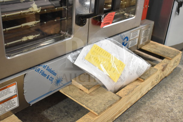Brand new Vulcan VC4ED commercial convection oven on pallet, with view-through doors and thermostatic controls, 208V, 1/3 Phase.