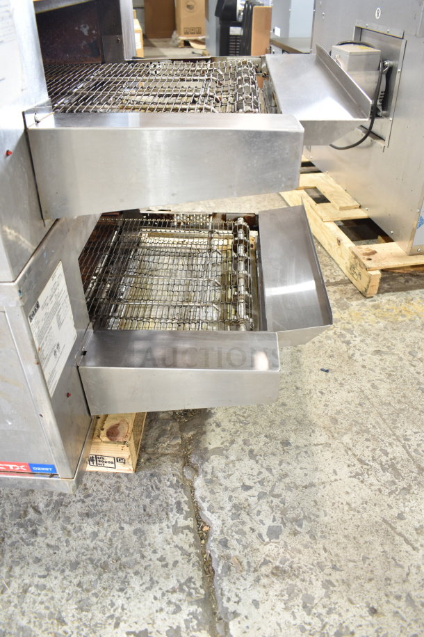 2 Middleby Marshall CTX DZ33T stainless steel conveyor pizza ovens on casters, tested working, 208V, 3/1 phase.