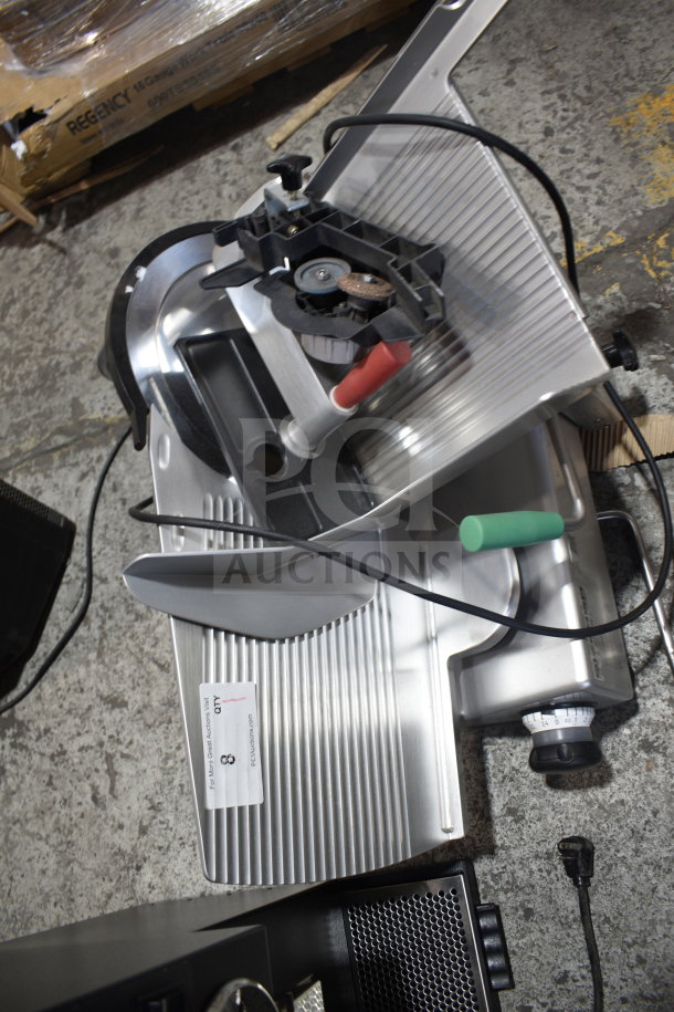 BRAND NEW Bizerba 2025 commercial meat slicer with blade sharpener, 120V, 1 phase. Minor scratches and dents visible.