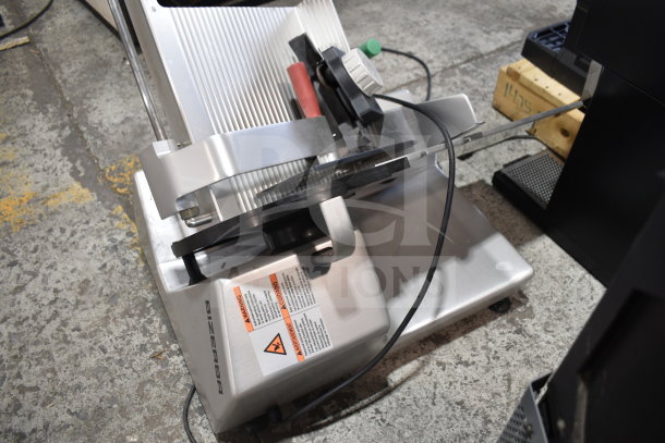 BRAND NEW 2025 Bizerba Commercial Meat Slicer, countertop model with blade sharpener, 120V, 1 Phase, minor dents visible.