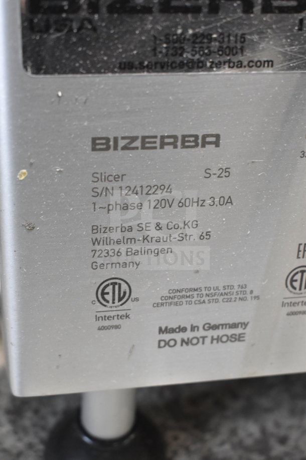 BRAND NEW 2025 Bizerba S-25 Commercial Meat Slicer with Blade Sharpener. 120V, 1 Phase. Slight scratches. Serial No. 12412294.