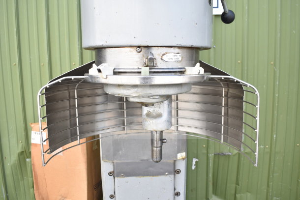 Hobart M-802 commercial 80-quart dough mixer with bowl guard, adapter, and hook. 200V, 3-phase, used condition.